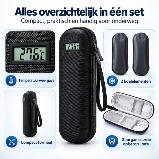Insuline Koeltas - Met Temperatuurweergave - 2 Ice Packs - Diabetes Etui - Medicatie Koeltas - Zwart — afbeelding 5