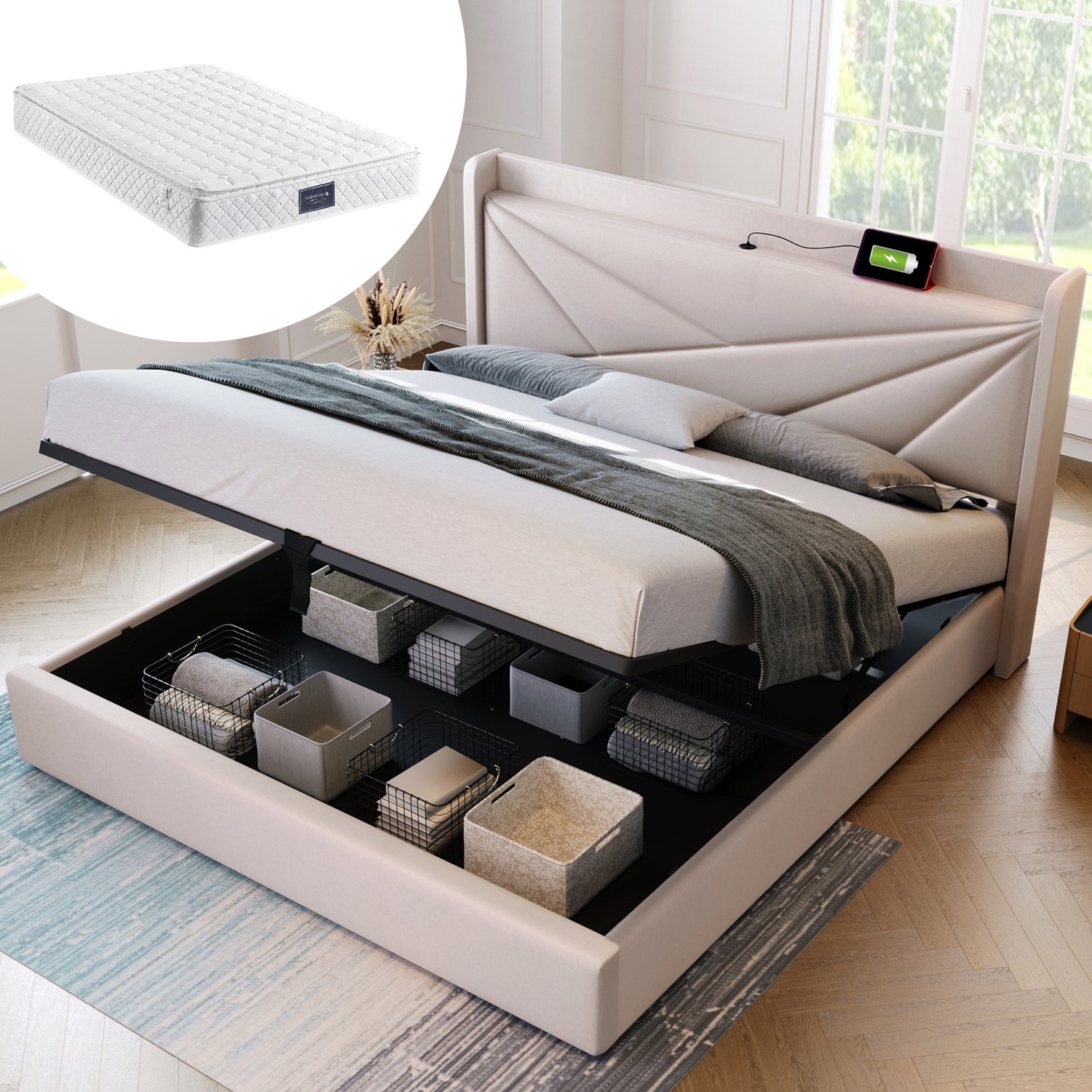 Gestoffeerd Bed 140x200 cm - Opbergbed Met Hoofdbord, USB En USB-C - Inclusief Lattenbodem En 7-Zone Matras - Beige Linnenlook