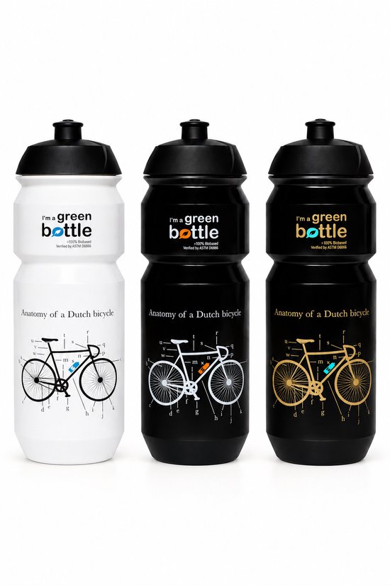 Drie 750ml Retulp bidons met "Anatomy of a Dutch bicycle" opdruk, in wit, zwart en goud op zwart.