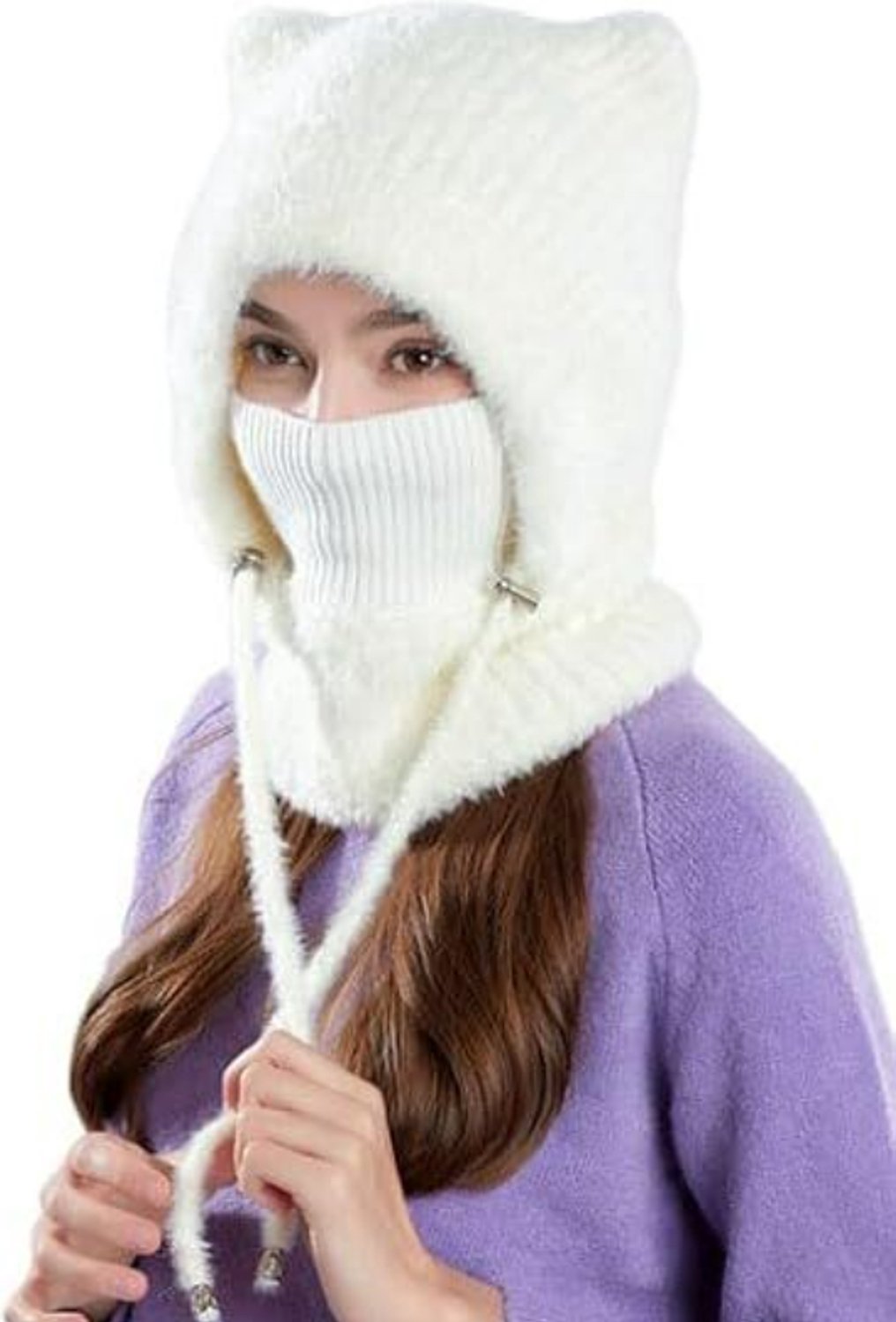 Hoed – Damesmuts – Warme pluche muts – Set met sjaal en masker – Warme gebreide muts met kattenoortjes en capuchon – Wit – Geschikt voor herfst en winter – Zacht en comfortabel