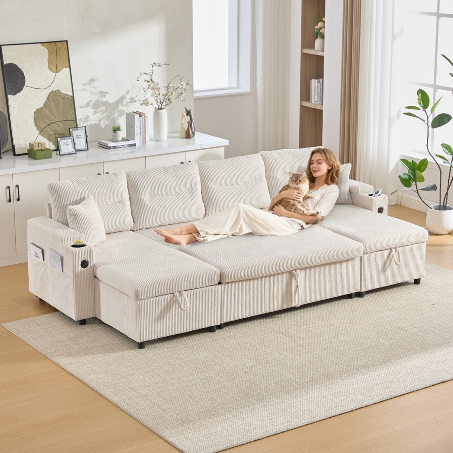 Pugsdrly Moderne 4-persoons fluwelen bank met chaise longues aan beide zijden, opbergruimte, bekerhouders, USB, uitschuifbare slaapfunctie – stijlvol voor elke woonkamer, beige