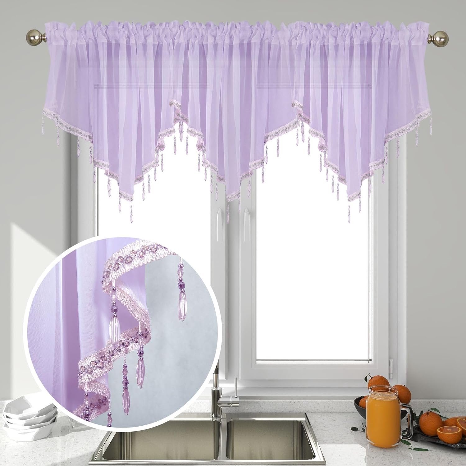 Kort gordijn - 3-delige Set Korte Vitrage Valance met Kralen Driehoek Design - Roede Insteek Stijl - Geschikt voor Keuken Woonkamer Badkamer en Slaapkamer - Paars - Formaat 130x60 cm - 3 Stuks