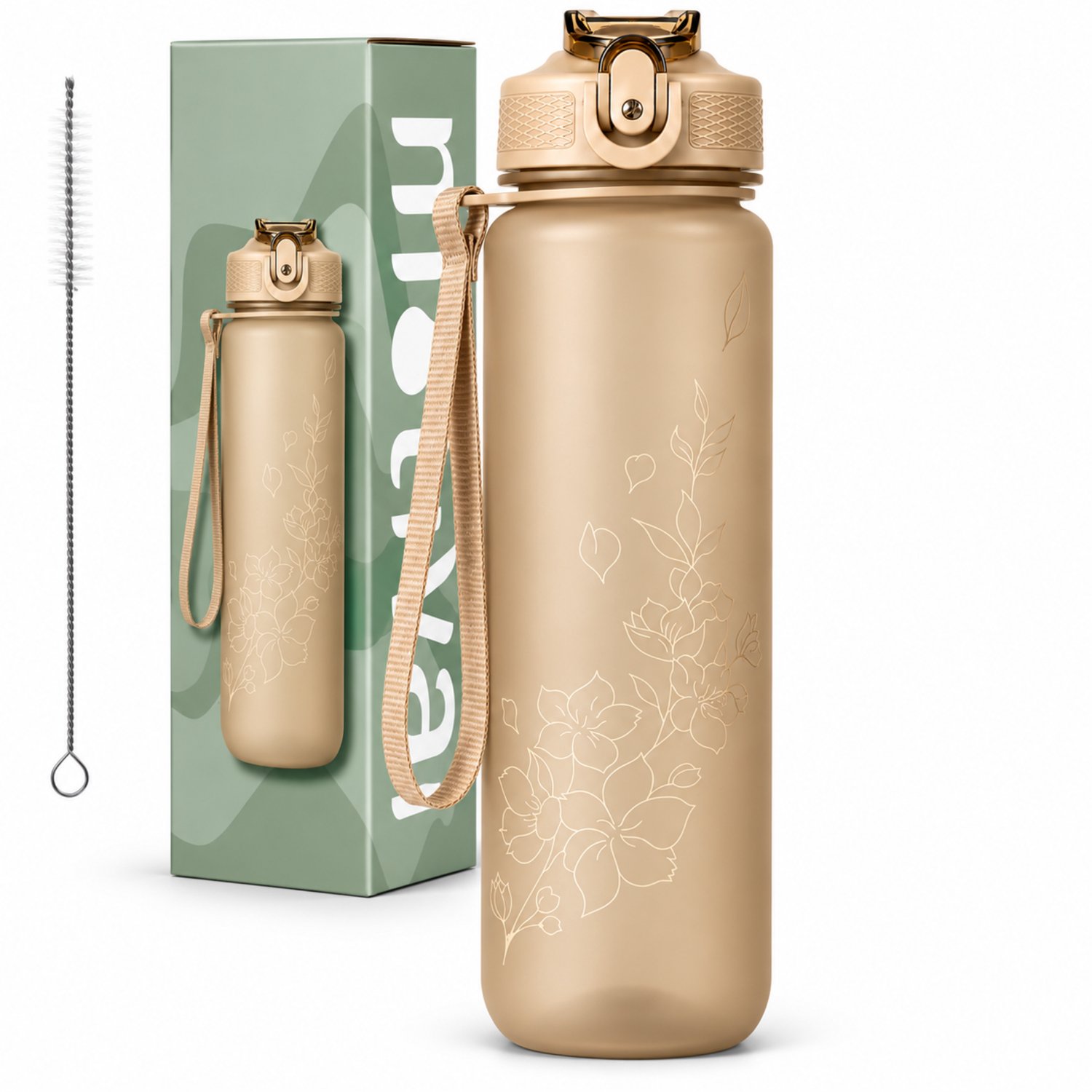 Motivai Deluxe Motivatie Waterfles 1 Liter – Waterfles met Rietje – Inclusief Extra Afsluitklepje & Riet Borstel – BPA-vrij – Beige – Voor Volwassenen & Kinderen
