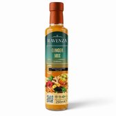 Fles Ravenza Gembermix van 250 ml met afbeeldingen van gember, hibiscus, honing en bessen op het etiket.