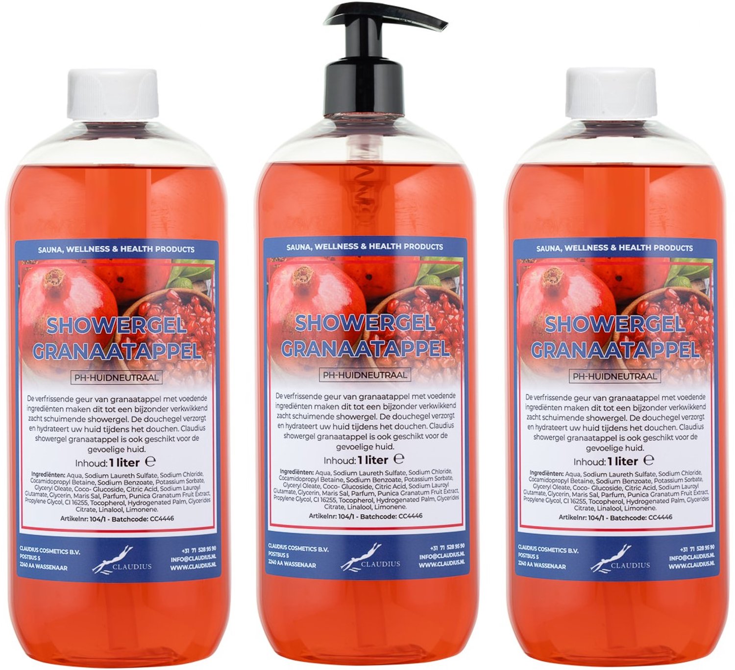 Claudius Douchegel Granaatappel 1 liter - set van 3 stuks - met gratis zwarte pomp - navulling - voordeelverpakking