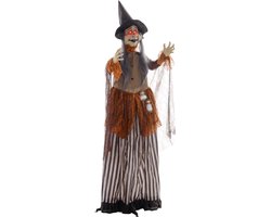 Halloween decoratie - animatronic heks - 183 cm - verstelbare armen - verlichte ogen - voor binnen en overdekt buiten