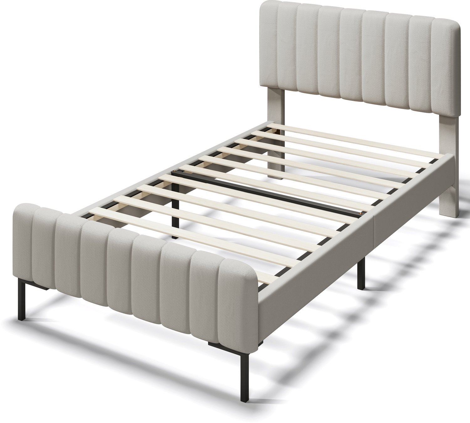 Gestoffeerd Eenpersoonsbed 90x200 - Bedframe Met Lattenbodem - Verstelbaar Hoofdbord - Grijs Beige Linnen Bekleding