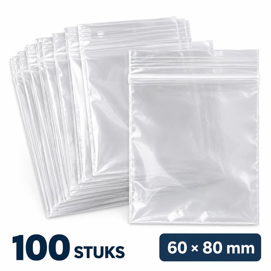 Stapel transparante gripzakjes van 60 bij 80 mm, set van 100 stuks.