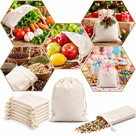Kaiyaya - Trekkoordzakken set - 5 stuks natuurkleur - katoen canvas - 34 x 40 cm - met trekkoord sluiting en schouderriemen — afbeelding 5