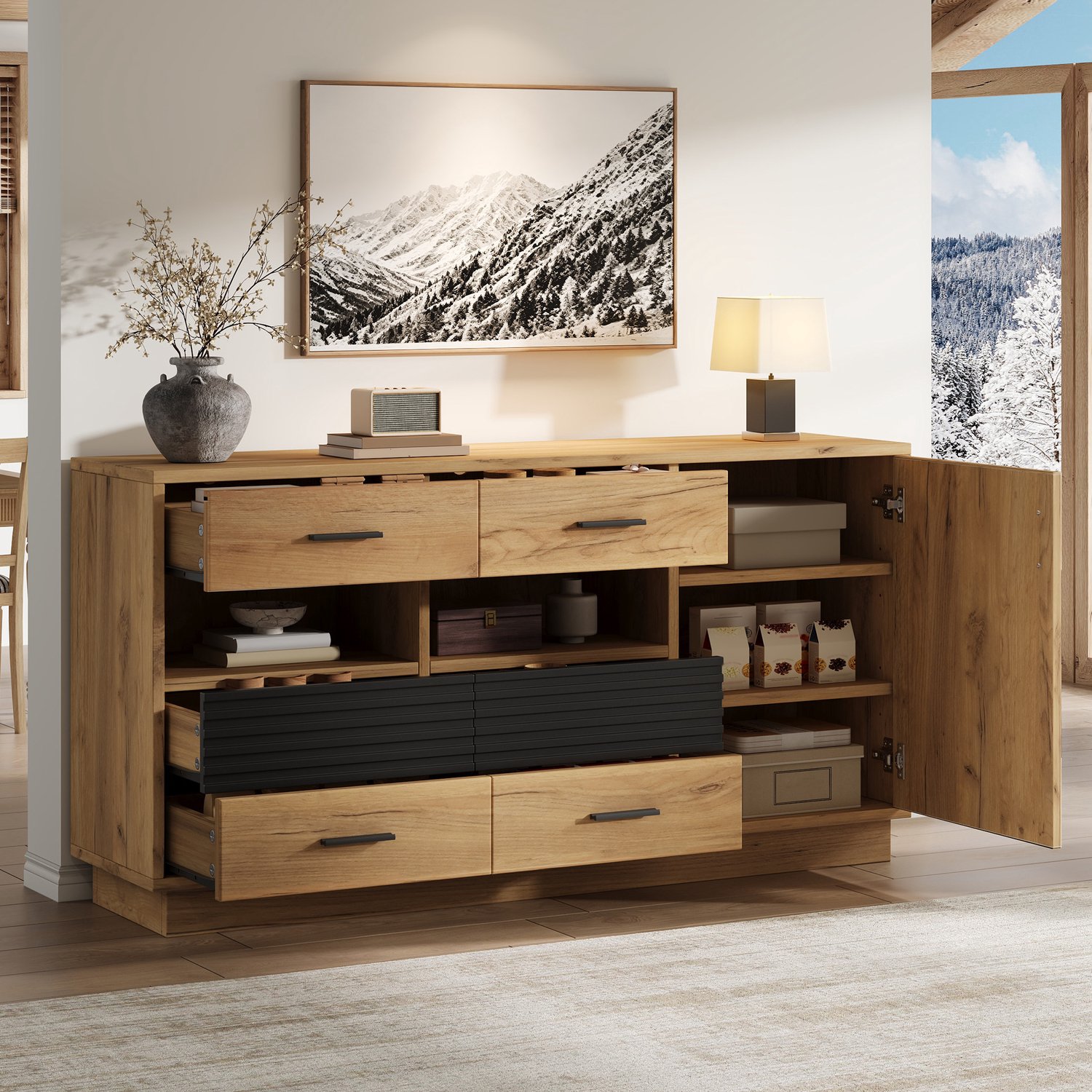 OKWISH Dressoir - 6 Lades En 1 Deur - 12 Opbergvakken - Voor Woonkamer, Hal Of Keuken - MDF Eikenkleur En Zwart - 140 x 35 x 70 Cm