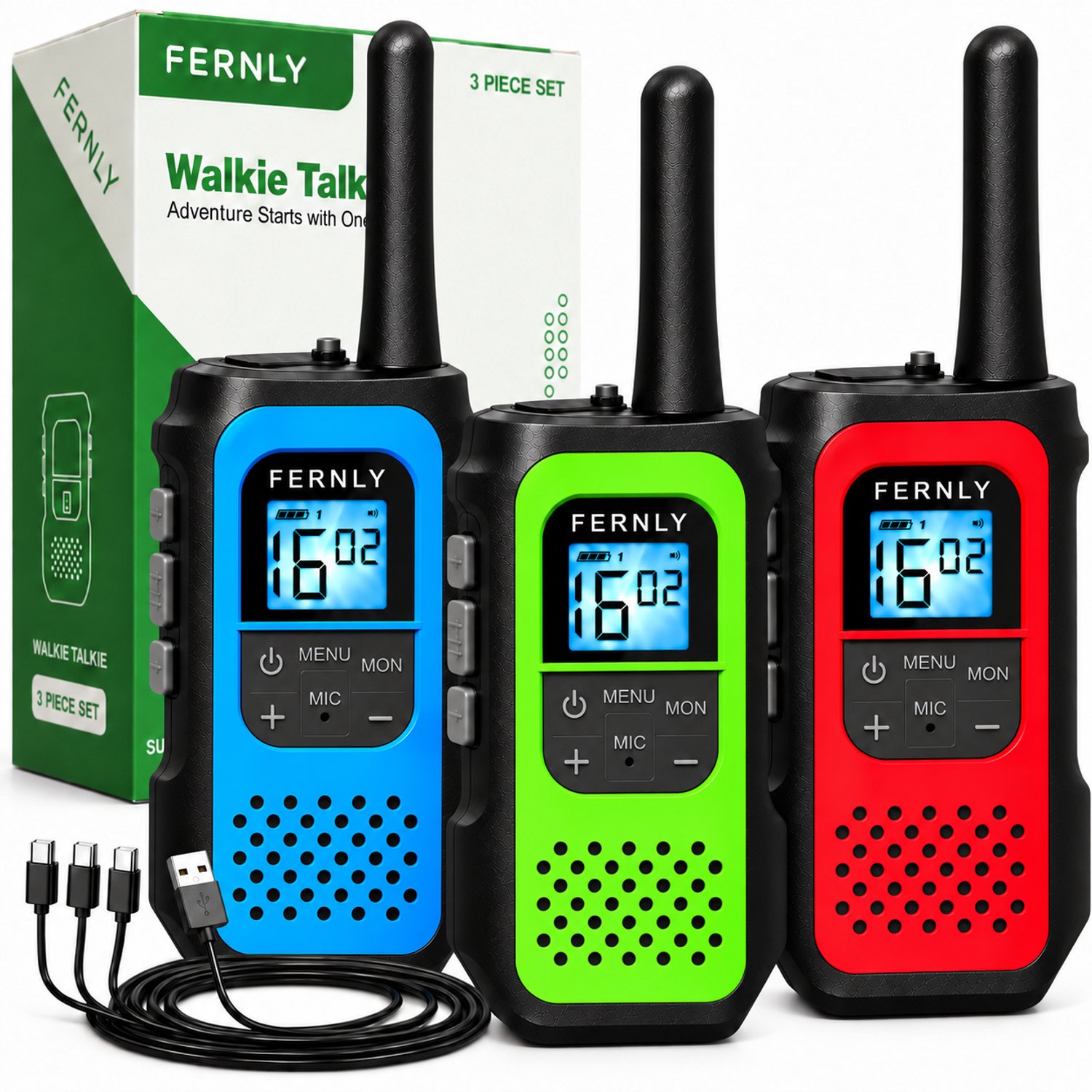 FERNLY Walkie Talkie set - Oplaadbaar 1200mAh - 4+ Kinderen & Volwassenen - Set van 3 - Bereik tot 5 km - 3-in-1 Laadkabel - Portofoon