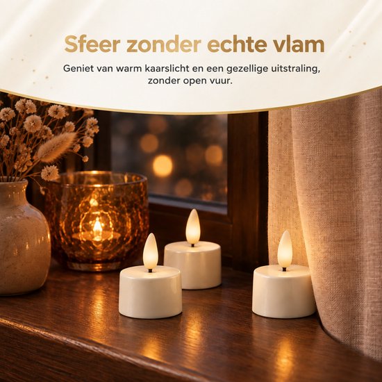 Drie witte oplaadbare led-waxinelichtjes met 3D-vlam op een houten tafel voor een sfeervolle uitstraling.
