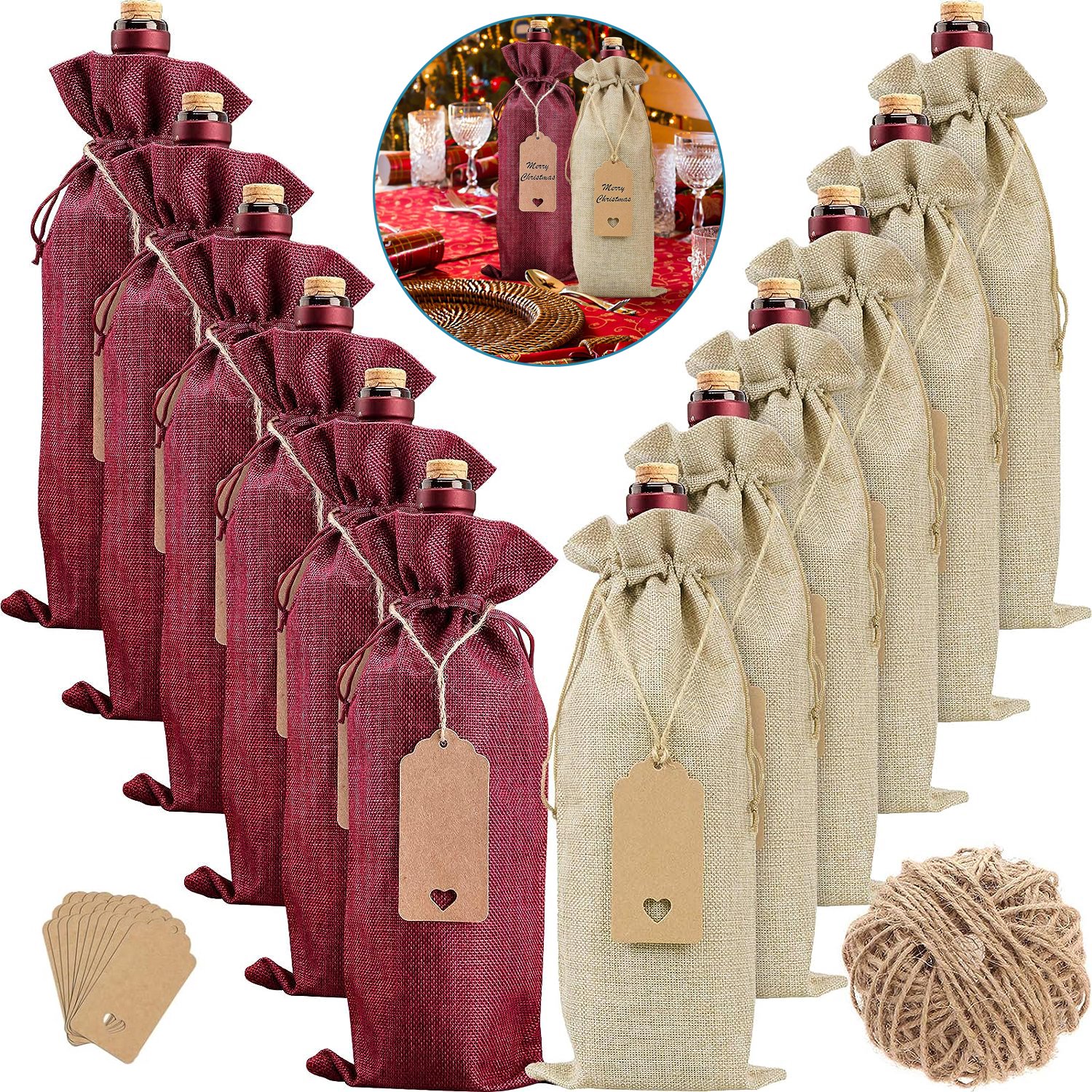 Wijnzakken Van Jute - 12 Stuks Geschenkzakjes Voor Wijnflessen - Wijngeschenktassen - Met Trekkoordjes En Labels