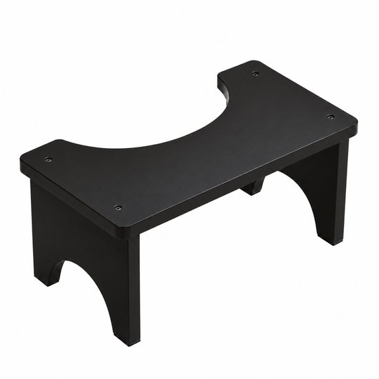 Zwart houten toiletkrukje met een uitgesneden boogvorm voor gebruik rondom het toilet.