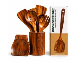 Dutchers® 8-delige Teakhouten Spatel set - Houten Spatels incl houder - Eco Vriendelijk - Antiaanbakpan - Pollepels - Opscheplepel - Keuken lepel - Kookgerei - Wokspatel - Keukengerei - Geschenkset Vrouwen - Cadeau - Keukenaccessoires