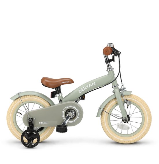 Groene Deryan 3-in-1 kinderfiets met zijwieltjes, beige banden, bruin zadel en '3-in-1 Cycle' tekst.