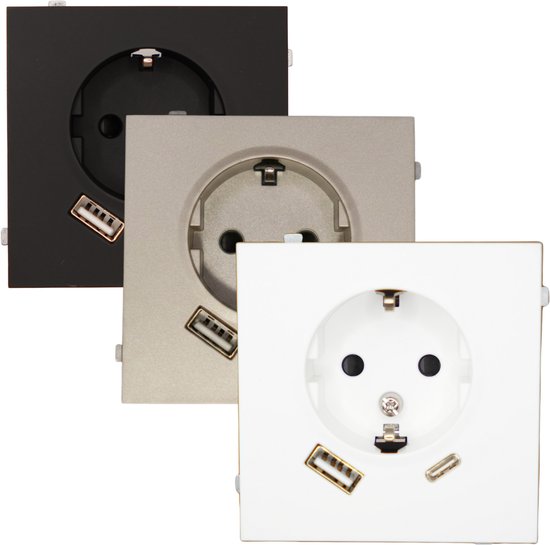 Drie LURANOVA wandcontactdozen in zwart, champagne en wit, elk met geïntegreerde USB-poorten.