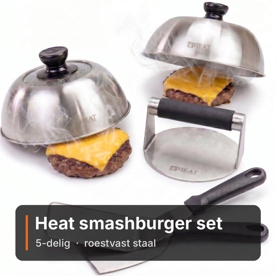 HEAT Smashburger Toolset Presse (5-Delig) – RVS Burger Pers & Spatels – Complete BBQ Hamburger Set