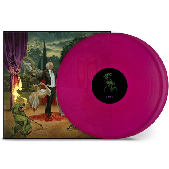 Roze vinylplaat met een surrealistische hoes met een man in pak, een brandende hond en tekst 'SIDE A'.
