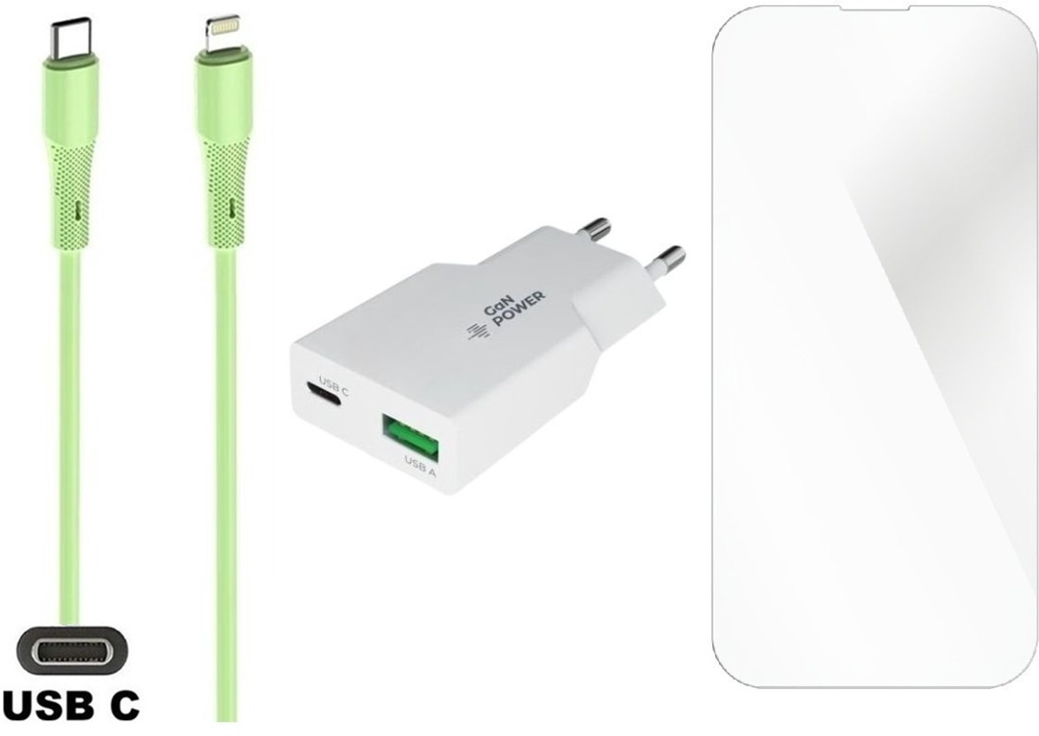 OneOne 25W super snellader met 2 poorten en screenprotector van glas voor iPhone 14 Pro Max + 1,0m USB C naar Lightning kabel. Universele PD PPS lader. GaN oplader adapter. Glazen screenprotector past op Apple iPhone 14 Pro Max