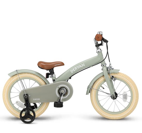 Groene Deryan kinderfiets met beige banden, bruin zadel, zijwieltjes en '3-in-1 cycle' opdruk.