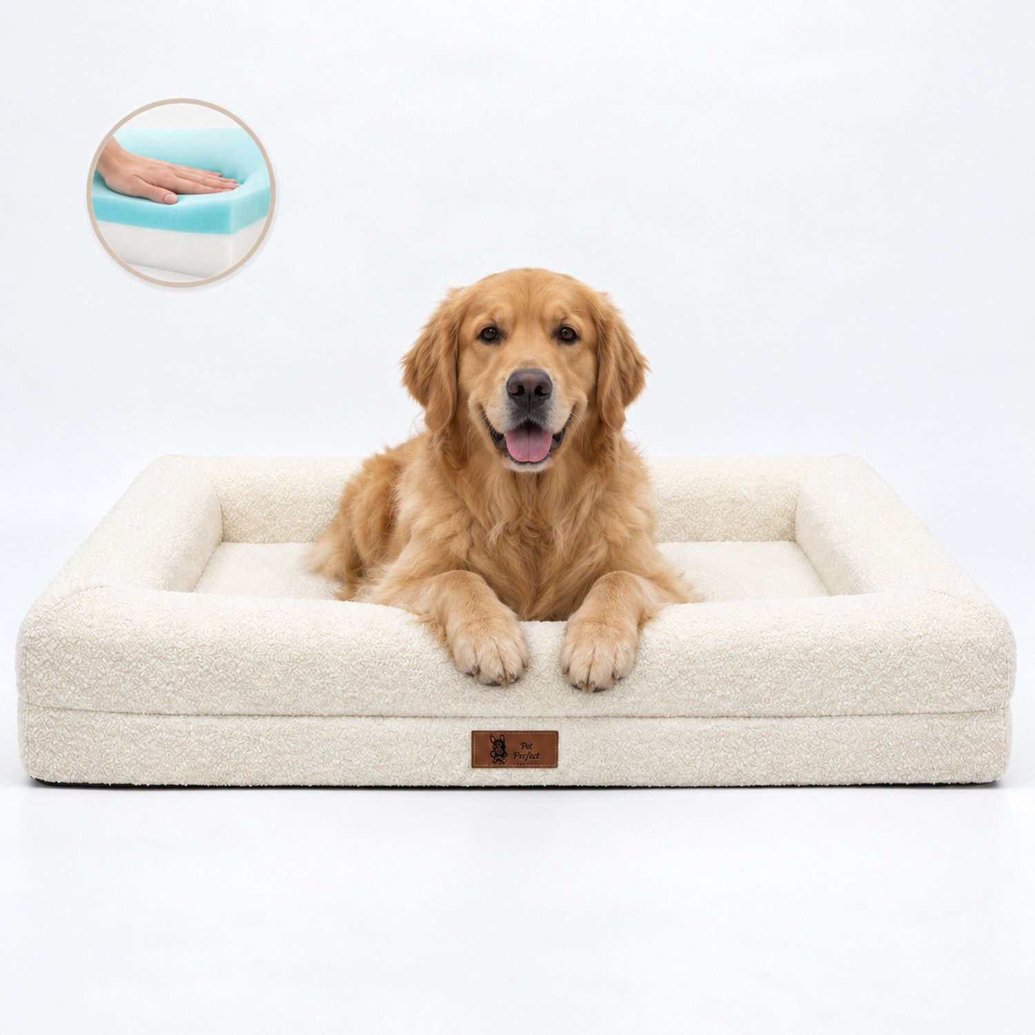 Pet Perfect BonoBed Orthopedische Hondenmand - Memory Foam - Wasbaar Hondenbed - Verhoogde Rand - Waterafstotende Binnenhoes - 112x81 cm - XL - Bouclé Beige
