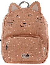 Roze Trixie kinderrugzak met kattengezicht, oortjes en wit stippenpatroon.