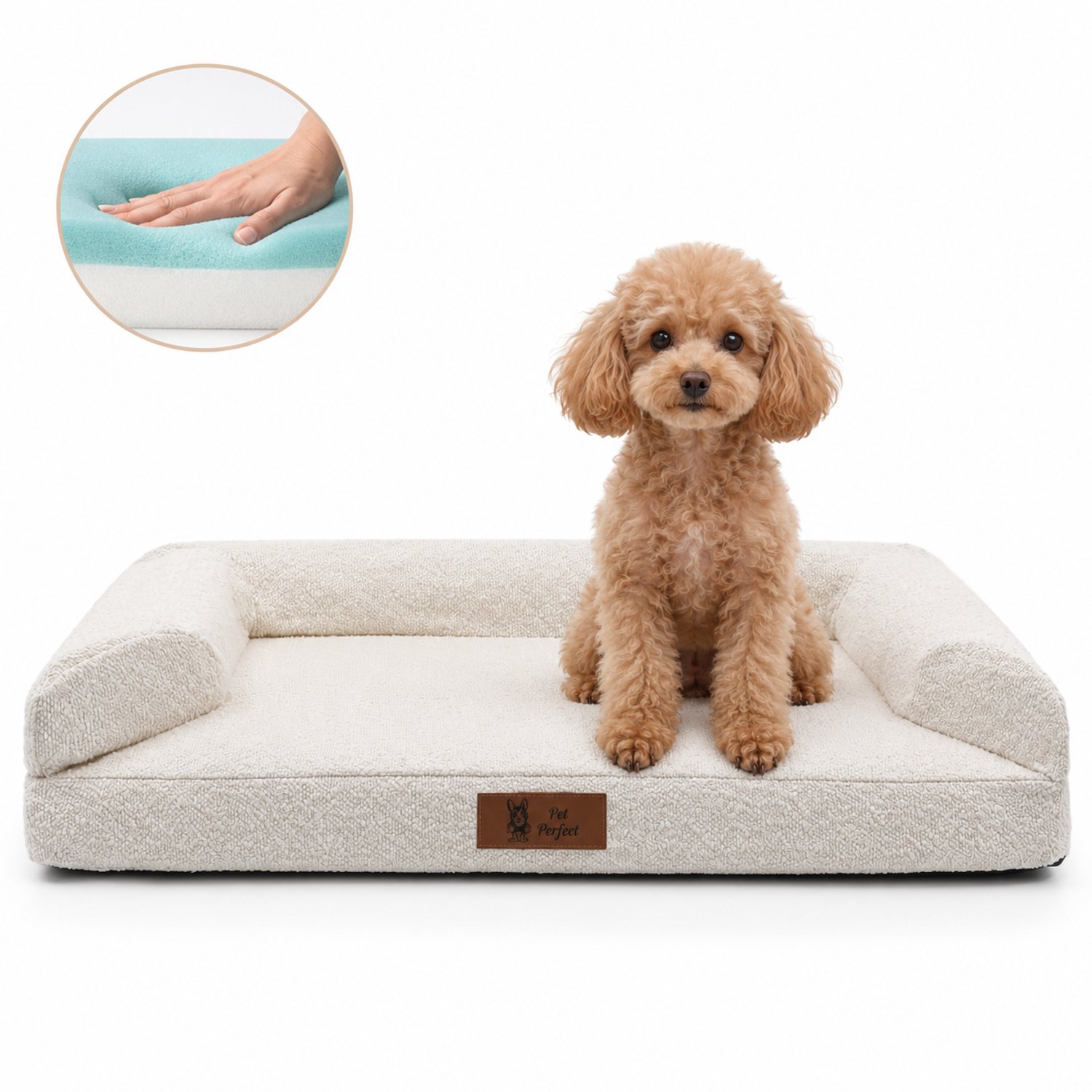 Pet Perfect BonoBed Sofa Orthopedische Hondenmand - Memory Foam - Wasbaar Hondenbed - Verhoogde Rand - Waterafstotende Binnenhoes - 76x51 cm - M - Bouclé Beige