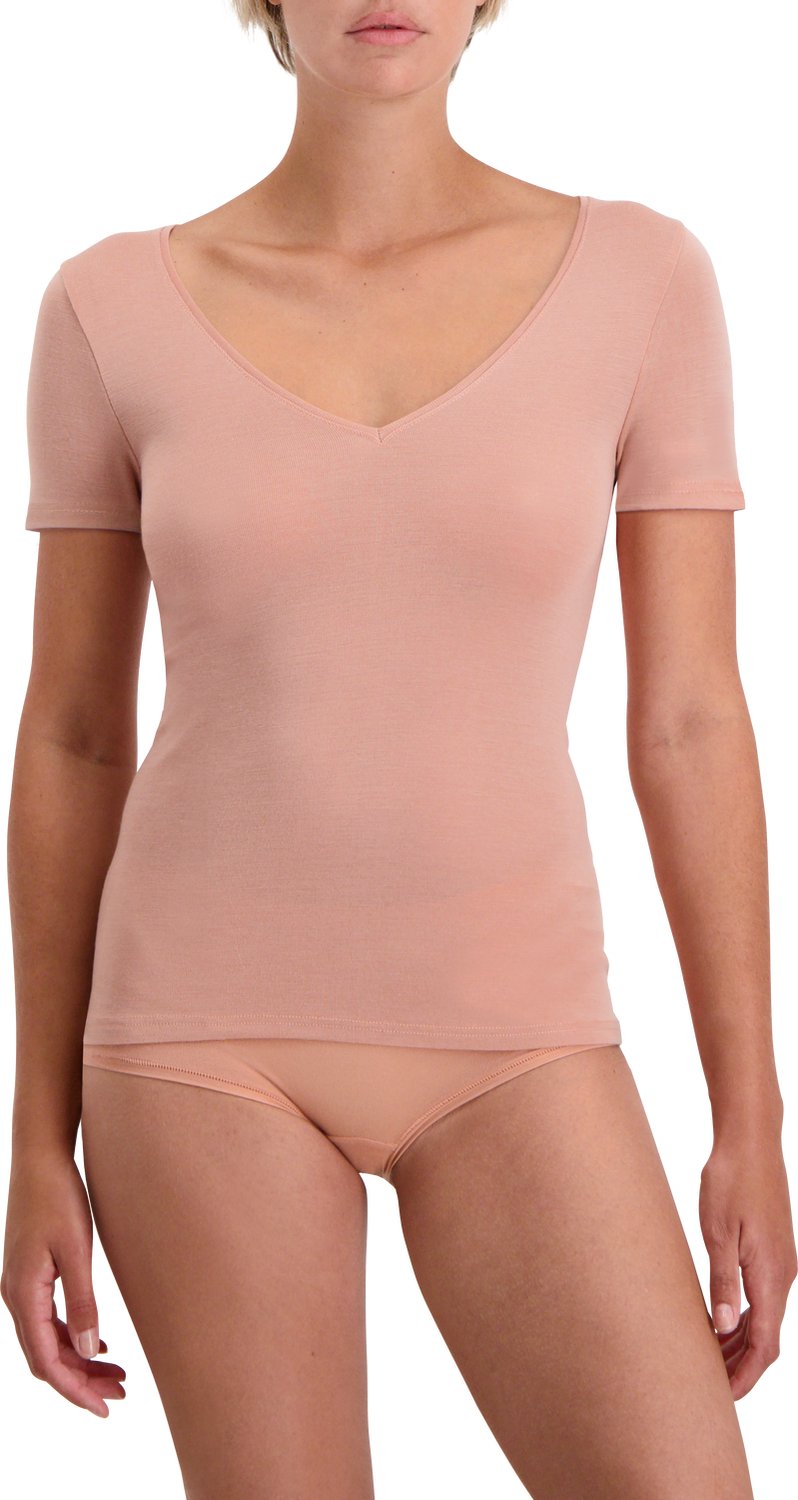 Noshirt Short Sleeve - Merino Wool - Dames Ondershirt - Invisible Rose - Deep V - Maat XL