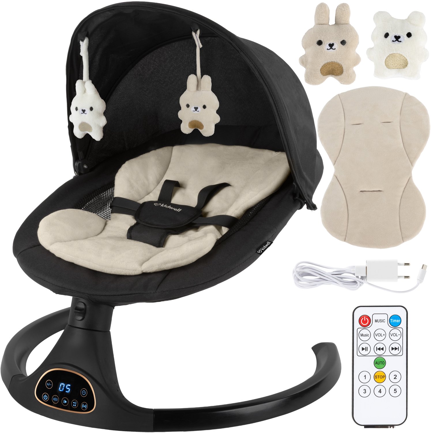COIL Elektrische Babywip – Babyschommel met Afstandsbediening, 5 Schommelsnelheden, Bluetooth, Bewegingsdetectie, Muskietennet – Zwart