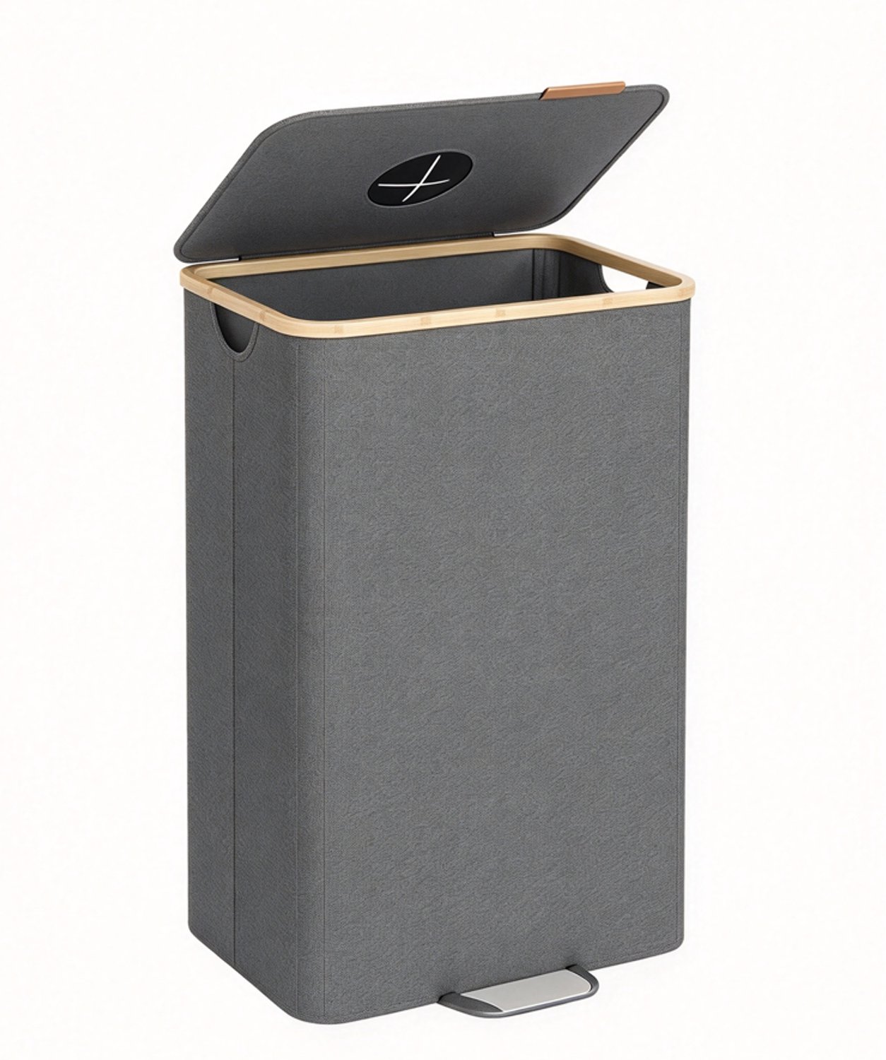 Afvalscheidingsbak 42 x 32,5 x 70,5 cm Leisteengrijs en Natuurlijk Beige, Recyclingbak 100 L, Flessenbak Voor Papier Plastic Glas Metaal, Met Binnenzak, Inwerpgat, Bamboe Rand, Opvouwbaar, Keuken