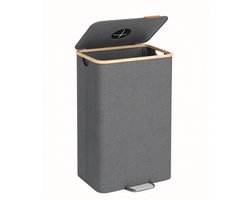 Afvalscheidingsbak 42 x 32,5 x 70,5 cm Leisteengrijs en Natuurlijk Beige, Recyclingbak 100 L, Flessenbak Voor Papier Plastic Glas Metaal, Met Binnenzak, Inwerpgat, Bamboe Rand, Opvouwbaar, Keuken