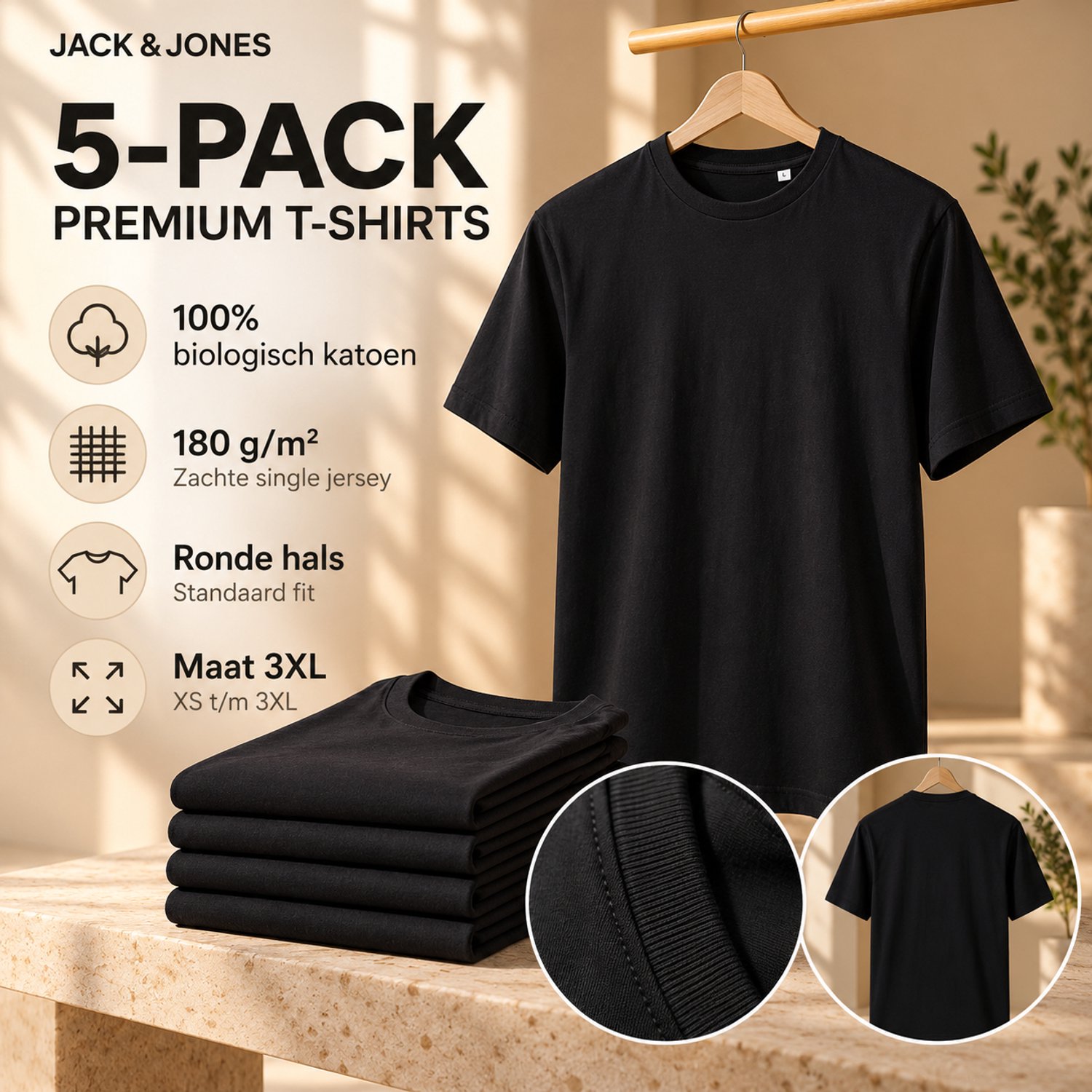 5 Pack - Jack & Jones Premium Soft Heren T-shirt - 100% organic Katoen - Ronde Hals - ZWART 2XL