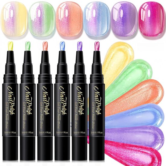Zes nagellakpennen met zwarte body's en gekleurde tips. Naast elke pen, een swirl van gelnagellak in de kleuren geel, groen, oranje, blauw, paars en fuchsia.