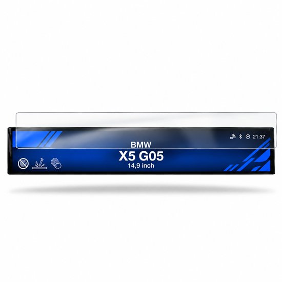 Transparante schermbeschermer voor een 14,9 inch BMW X5 G05 dashboarddisplay met iconen voor kras- en vingerafdrukbestendigheid.
