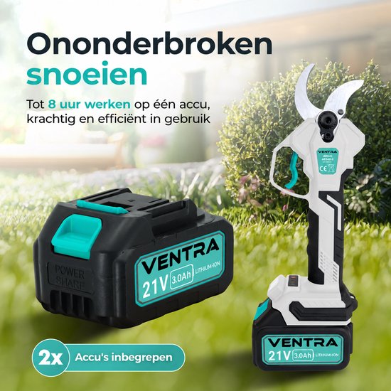 Ventra elektrische snoeischaar (wit/zwart) met twee 21V 3.0Ah accu's voor ononderbroken snoeien.