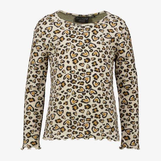 TwoDay shirt met lange mouwen, beige geribbelde stof met hartvormige luipaardprint.