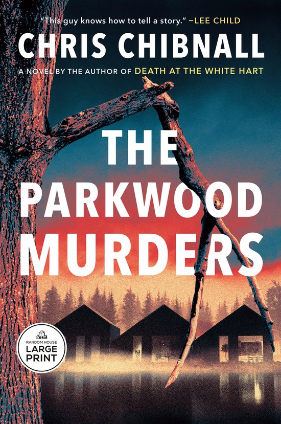 Couverture du livre The Parkwood Murders par Chris Chibnall avec une branche d'arbre sur un coucher de soleil et chalets.