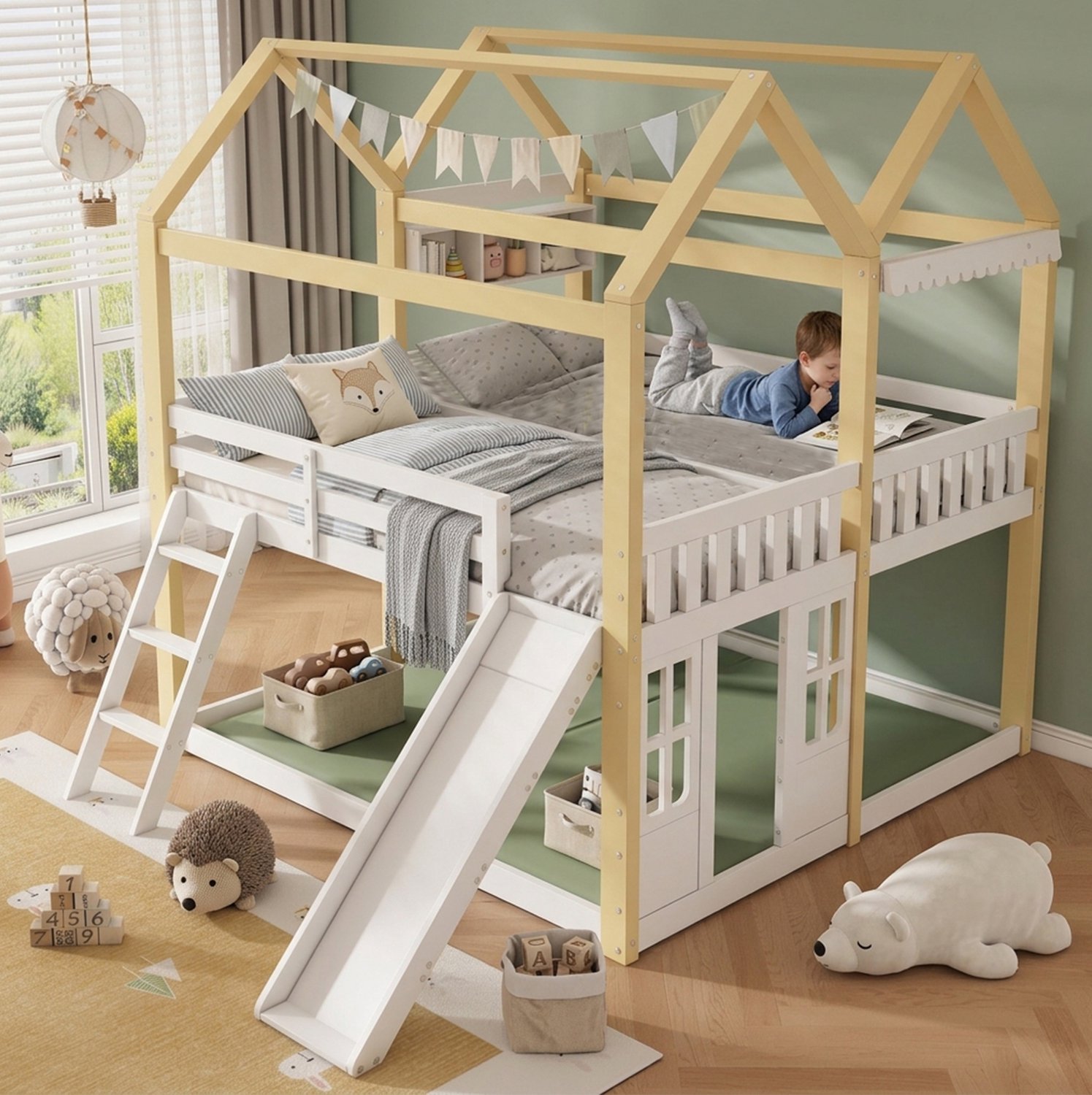 Wishdor Kinderbed 90x200 cm - Halfhoogslaper met glijbaan en ladder - Huisbed met speelruimte en valbeveiliging - Wit en naturel - Hout en MDF - Kinderkamer