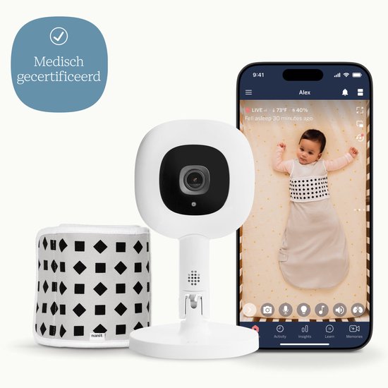 Nanit Pro Camera Babyfoon met App + Flex Standaard + Ademhalingsband – Veilige sensorvrije ademhalingsmonitoring