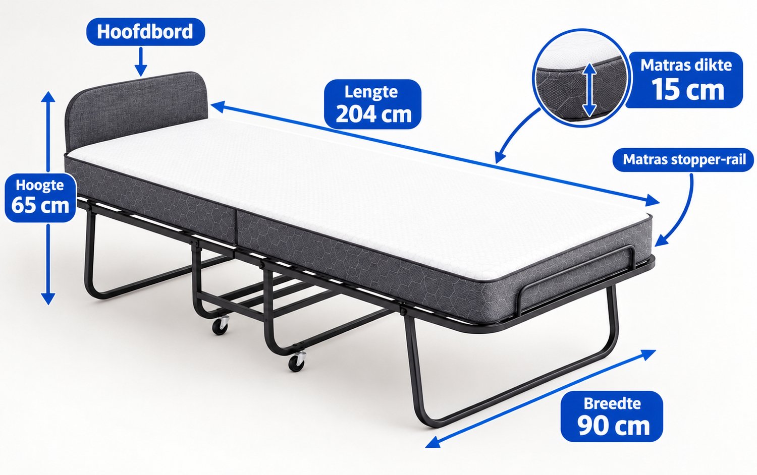 Vouwbed expert Vito Opklapbed 90x200 – Vouwbed Logeerbed met 15 cm Matras – Stalen Frame tot 250 kg – Inklapbaar Gastbed met Hoofdbord & Beschermhoes – Luxe Comfort Zwart