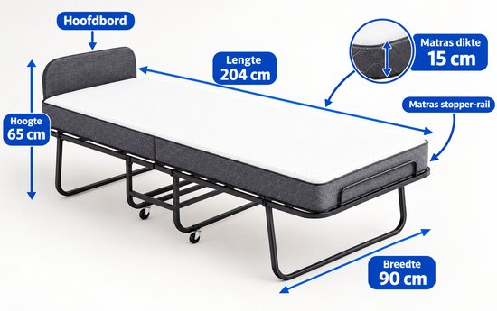 Opklapbed met hoofdbord, matras van 15 cm, 204 cm lang, 90 cm breed en 65 cm hoog met stopper-rail.