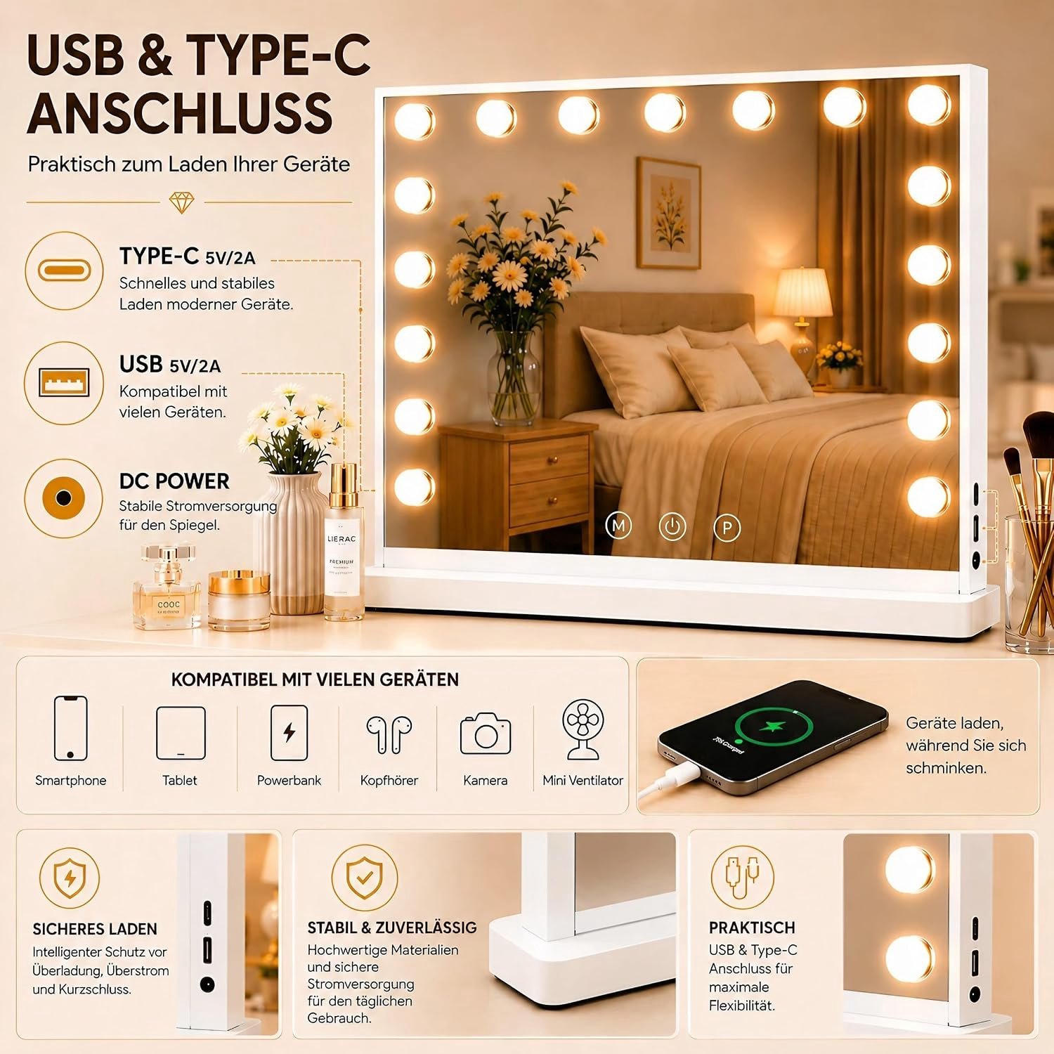 Hollywood Make-upspiegel met 17 LED-lampen, 10x Vergrotingsspiegel, 3 Lichtstanden en Touchbediening 80 x 62 cm
