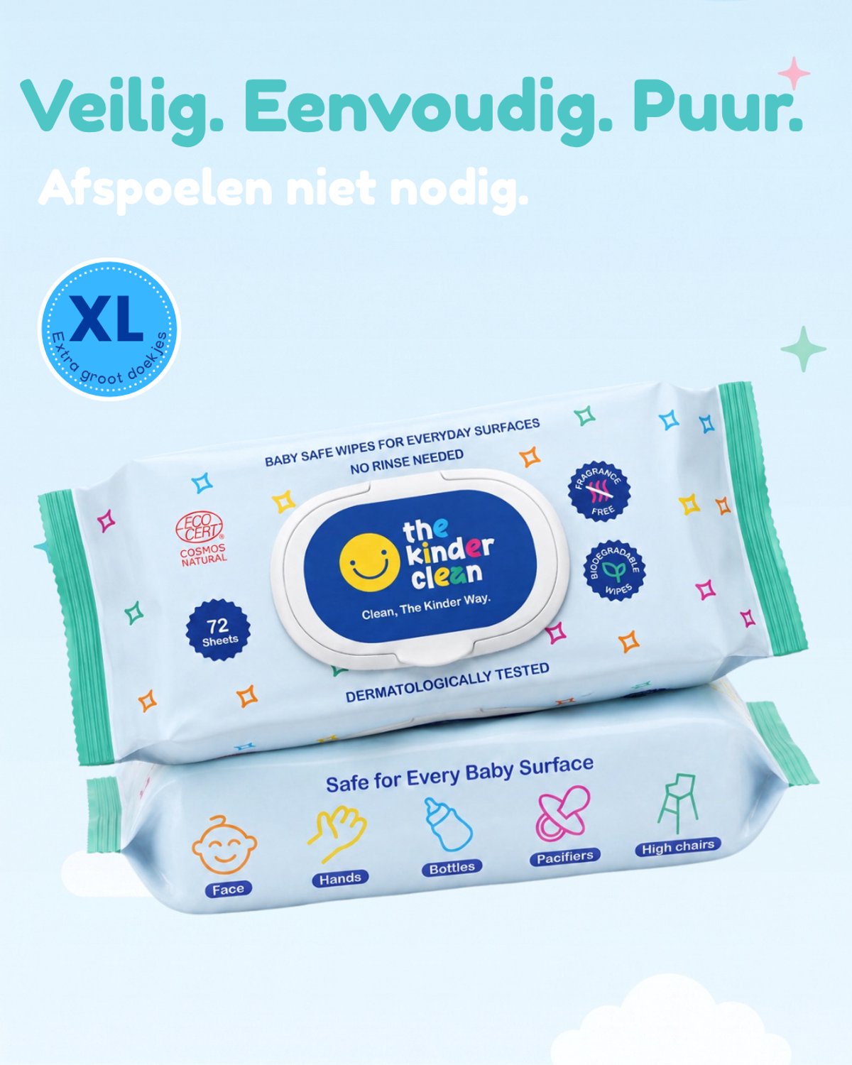 The Kinder Clean Babydoekjes – 72 stuks, 12 verpakkingen per doos – 1,5× groter, multifunctioneel voor handjes, gezicht, mond en alle oppervlakken rondom je baby, afspoelen niet nodig, parfumvrij, 99,9% water en ECOCERT COSMOS Natural