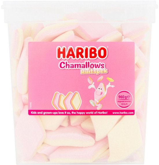 Transparante emmer met roze-witte Haribo Chamallows Ruitspek ruitvormige marshmallows, 960g.