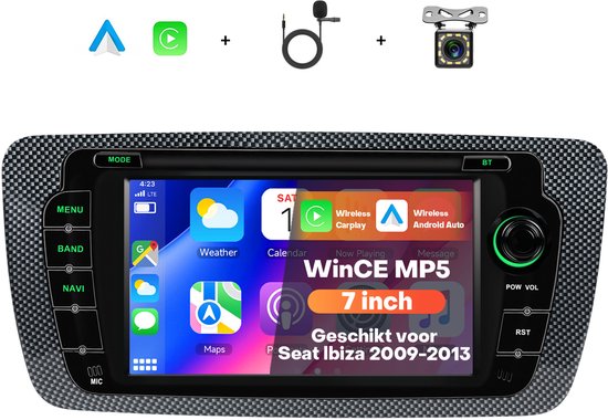 Boscer 7-inch WinCE autoradio voor Seat Ibiza 2009-2013 met koolstofvezel look, microfoon en achteruitrijcamera.