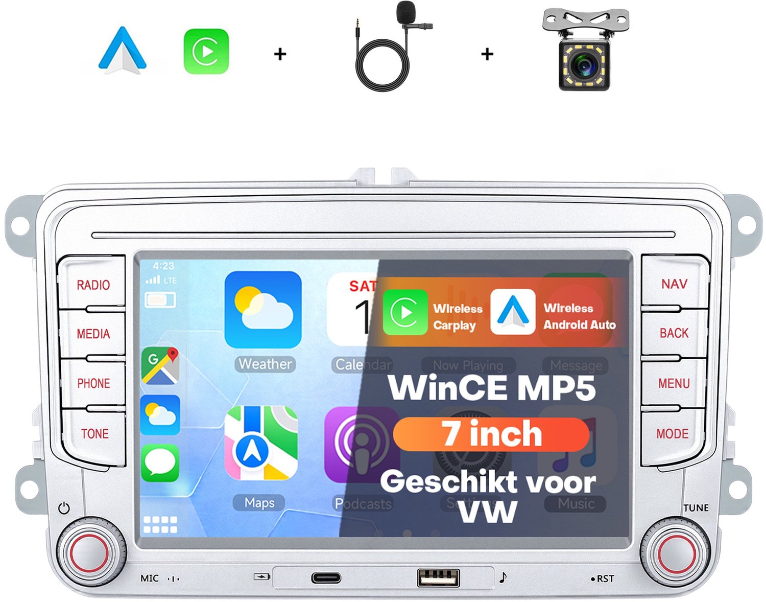 Boscer 2 Din Autoradio met 7 Inch Scherm in Zilver - Geschikt voor Volkswagen, Seat & Skoda RNS-formaat 2003-2015 - Draadloos Apple CarPlay & Android Auto - Bluetooth Handsfree Bellen - FM Radio (RDS) - CAN-bus - Achteruitrijcamera & Microfoon