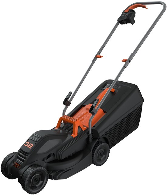 Zwarte en oranje BLACK+DECKER grasmaaier 1000W 32cm met opvangbak.