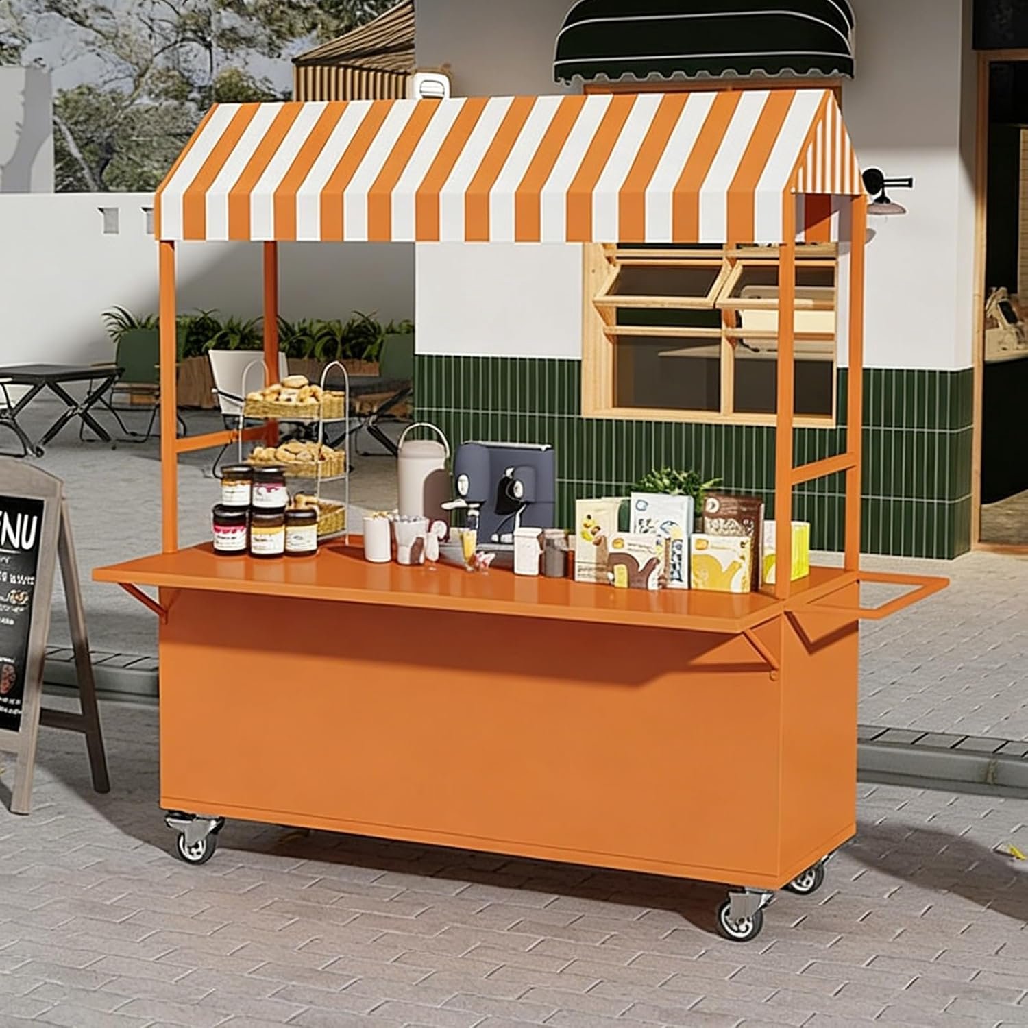 Mobiele Straatverkoopwagen met Gestreepte Luifel – Verrijdbare Foodtruck Kiosk voor Markt, Catering, Beurzen en Evenementen – 119,9 × 50,8 cm – Oranje