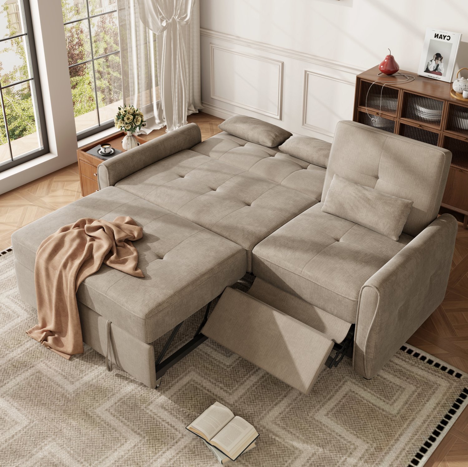 STILVORA Slaapbank 3-Zits - Uitschuifbaar Met Verstelbare Rugleuning En Beensteun - Voor Woonkamer En Logeerkamer - Chenille Bruin Beige